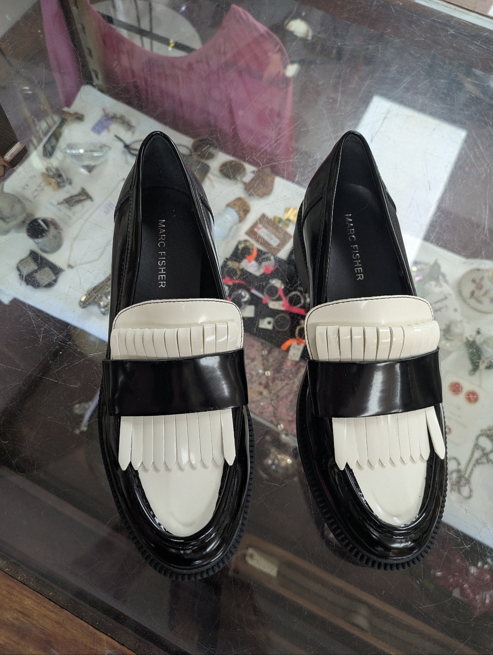 Marc Fisher Calixy Black and White Kiltie Fringe Loafers